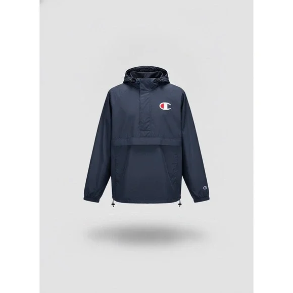 Champion Mens Packable Anorak Windbreaker Jacket Navy Blue Pullover Big C Logo