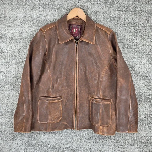The Territory Ahead Mens Brown Distressed Leather Full Zip Bomber Jacket Large