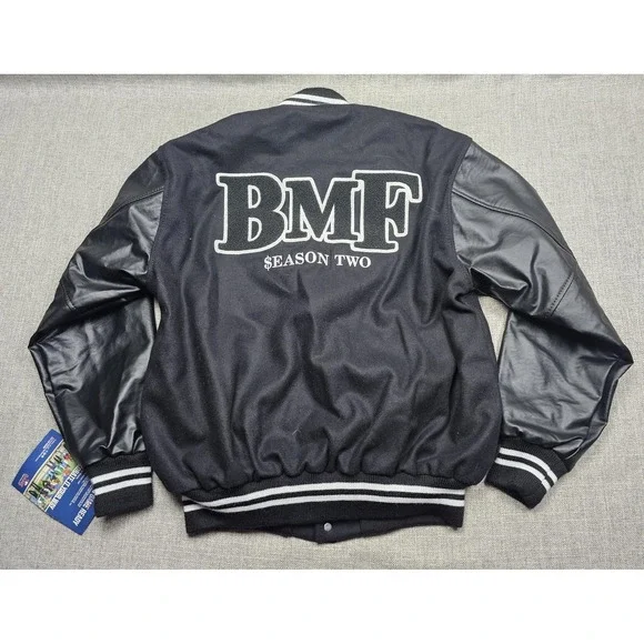 BMF Black Mafia Family Jacket Mens Medium Leather Wool Varsity Cast Crew