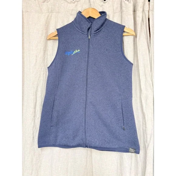 LL Bean Mens Sweater‎ Fleece Vest Blue Full Zip Mock Neck Uplight Logo Small S