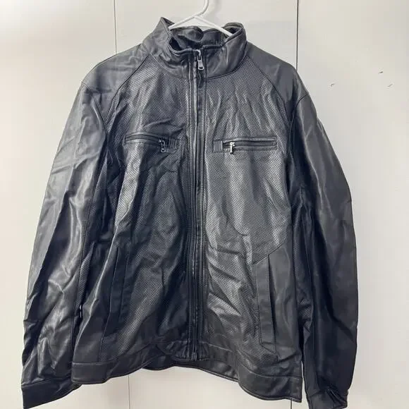 Michael Kors Men’s Black Faux Leather Jacket Size L Damage to Neck Area
