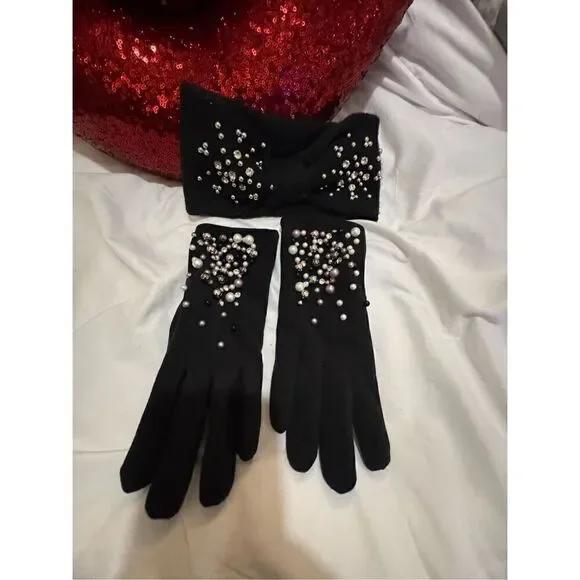 3 piece bling pearl studded headband/w knit fleece lined mittens/gloves