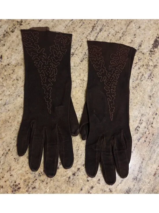 Vintage Womens Size S Brown Suede Leather Formal Gloves Stripple Scroll