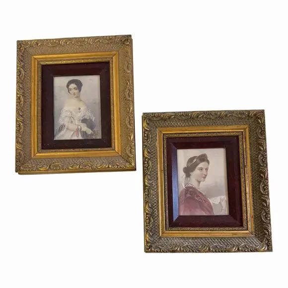 Vintage Victorian Prints Gold Ornate Frames Wood Inlay 9.5”x8” Grannycore