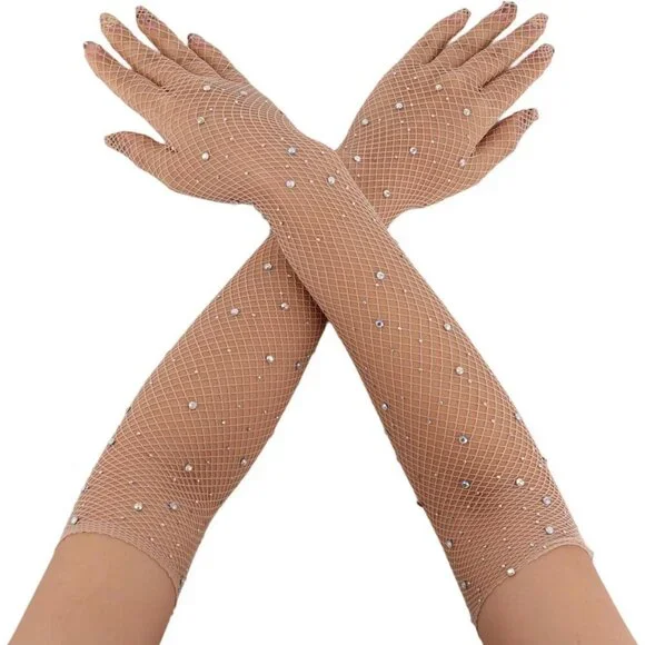 Women's Tan Evening Rhinestone Long Sleeves Arm Elbow Length Party Gloves