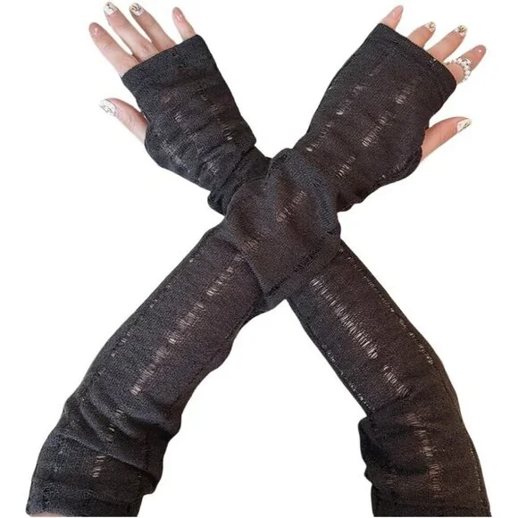Women's Loose Black Vintage Cosplay Party Sequins Hook Fingerless Long Gloves
