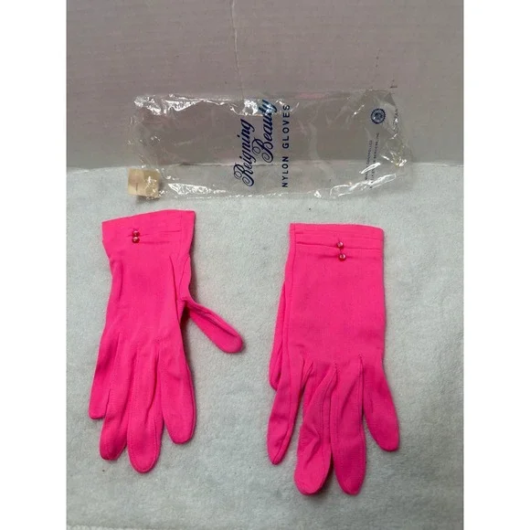 NOS VTG 70s Reigning Beauty Gloves Womens 7 Pink  Nylon Double‎ Button Japan