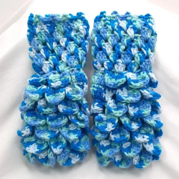 Crochet Fingerless Gloves Dragon Scale Handmade Blue Mermaid Texting Crocodile