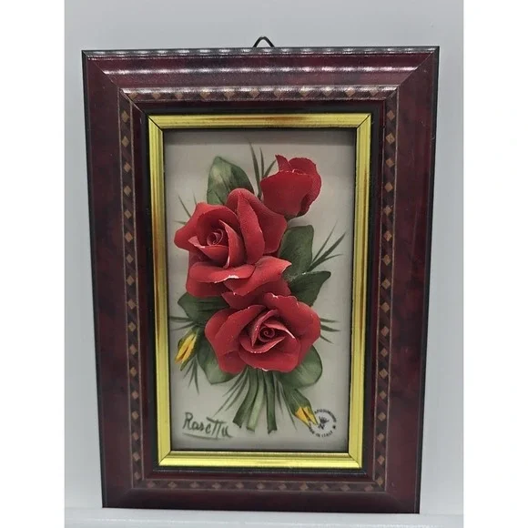 Vintage Framed Rosetta Capodimonte‎ Red Rose - Made in Italy 5 x 7 Frame