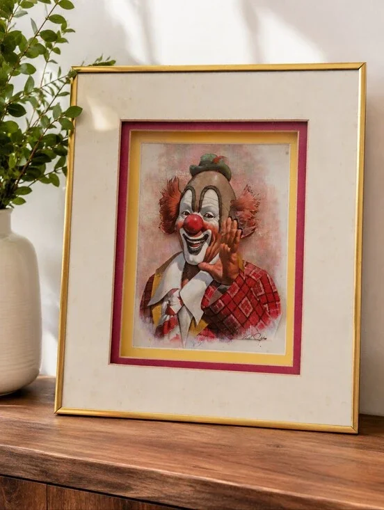 Vintage 3D Clown Shadow Box Wall Art Framed Signed Mixed Media