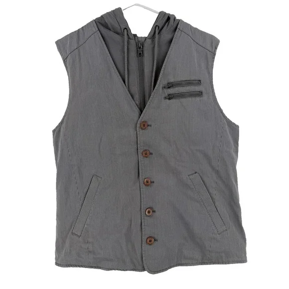Guess Vest‎ Mens Large Gray Hooded Button Zip Layered Striped Casual X31N01W2FY0