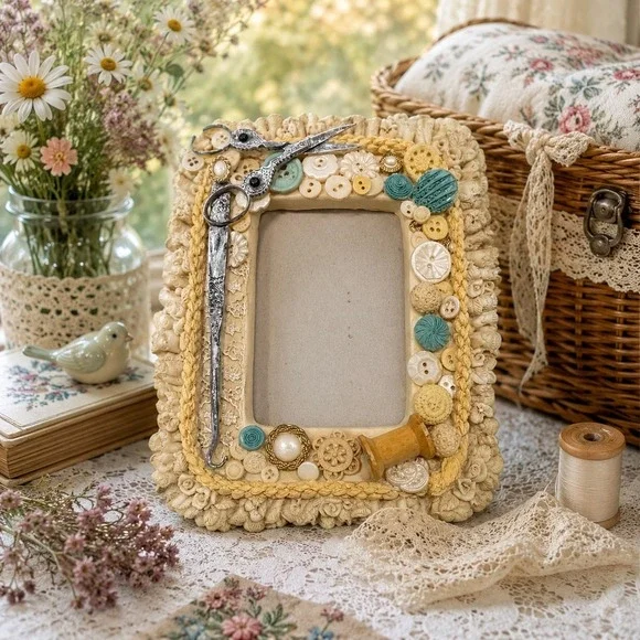 Fancy Frames Button Box Sewing Theme Picture Frame Scissors Spool cottage core