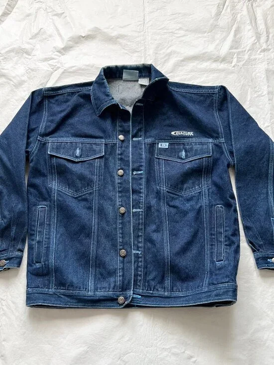 Vintage Y2k Culture Jeans Denim Jacket Mens Large dark wash denim pocket flaps