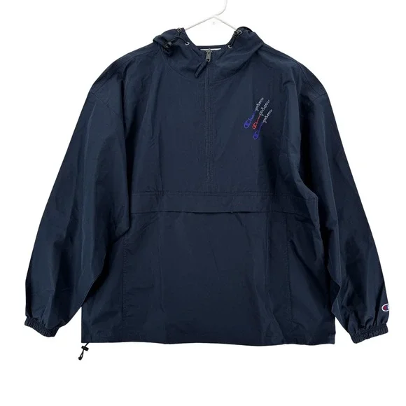 Champion Pullover Jacket Mens XL Navy Blue Hooded Windbreaker Lightweight Anorak