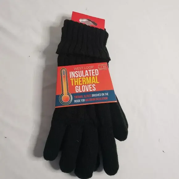 West‎ Loop Women's L/XL Insulated Thermal Gloves Black Cable Knit Winter New