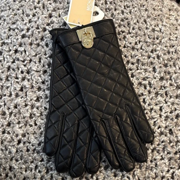 Michael Kors Black Quilted Leather Gloves with Gold Logo Accent
