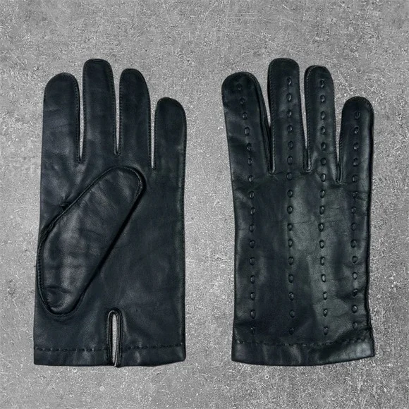 Vintage‎ Black Genuine Leather Driving Gloves Lined Pintuck Detail Women Size 10
