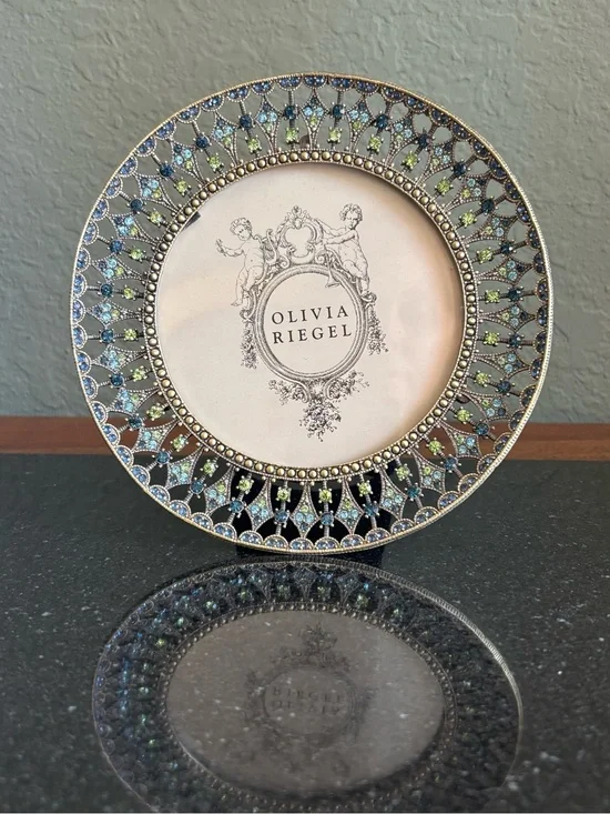 Olivia Riegel Jeweled Metal Freestanding Round Photo Frame Gold/Blue/Green