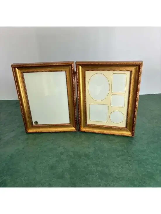 Vintage USA Wooden Hinged Double Collage Picture Frame Foldable Tabletop Gold