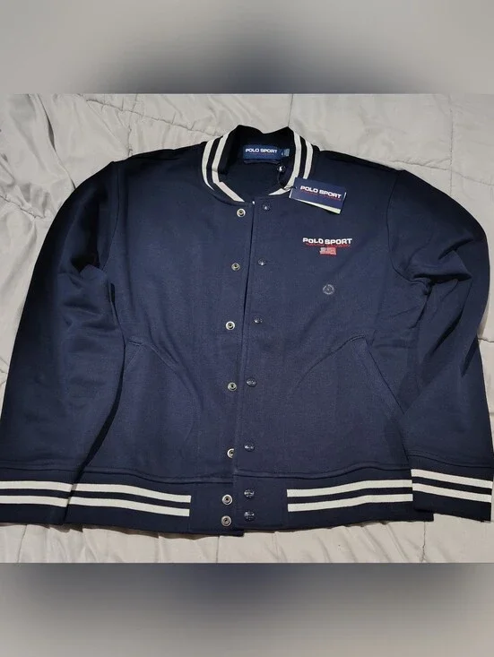 Polo Sport Ralph Lauren Varsity Snap Jacket Navy Large USA Flag Logo NWT