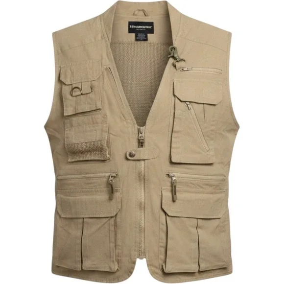 Humvee Mens Safari Photo Vest Khaki Cotton Utility Fishing Multi-Pocket Size M
