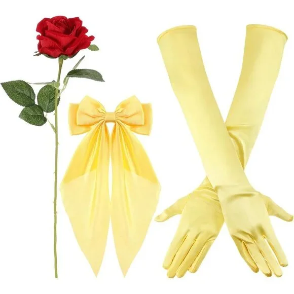 Princess Costume Accessories Set with Yellow Bow Hairband Gloves Rose for Dress