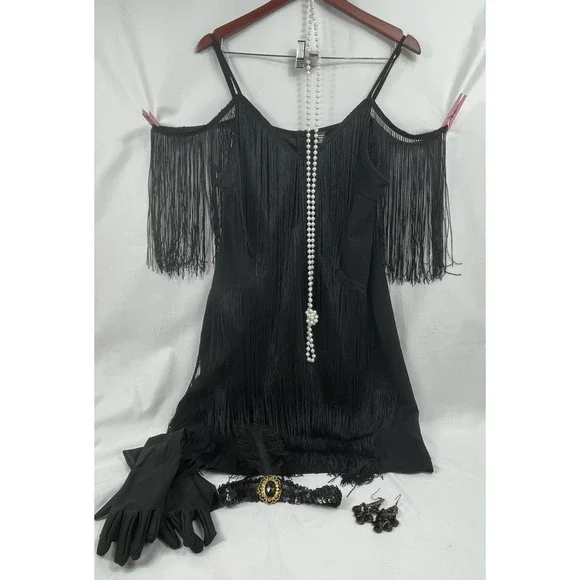 Roaring 20's Gatsby Party Flapper Costume Gloves Hairband Necklace Earing  Sz 1X