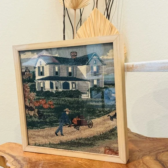 Fall Scene Farmhouse Framed Embroidered Picture