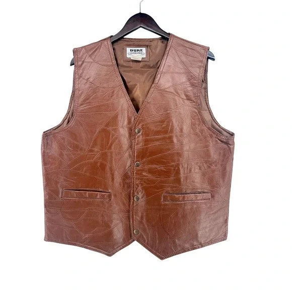 Duke Haband Mens Genuine Leather Patchwork Vest Cognac Brown Size L 31P Western