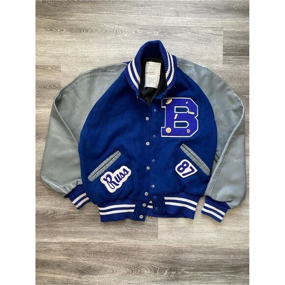 Vintage 80’ DeLONG Mens Varsity Letterman Jacket Wool Leather 46 L/XL Blue Grey