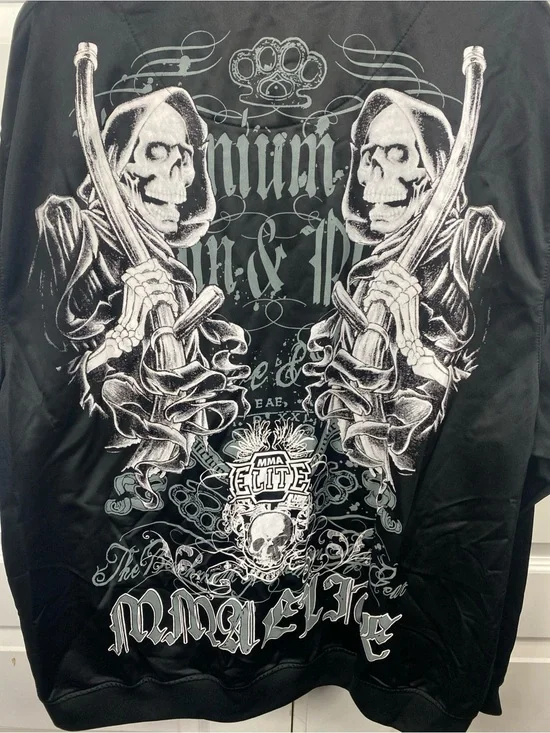 MMA Elite Jacket Grim Reaper Black Zip Track Skull Graphic Strength Logo XL Extr
