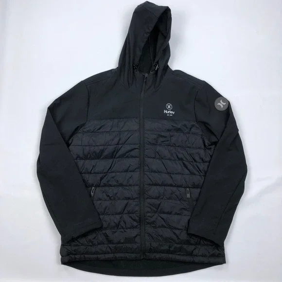 Hurley Mens XL Black Hybrid Puffer Softshell Hooded Jacket Full Zip 1524096