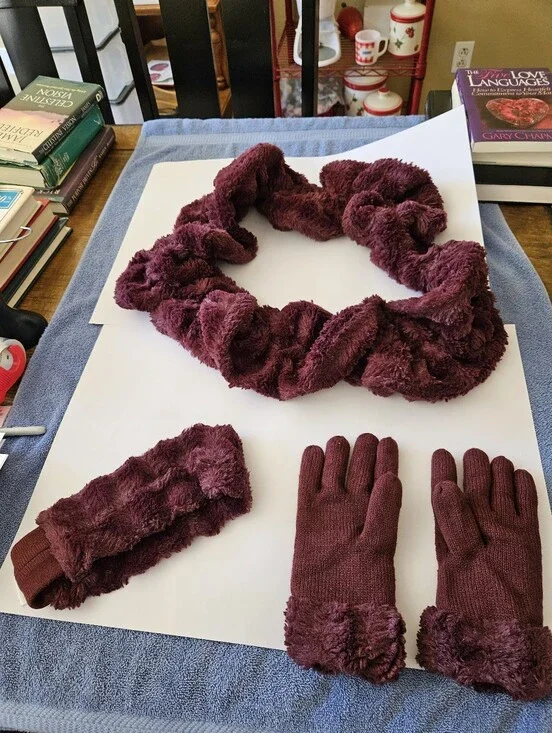 Women's Burgundy Faux-Fur Winter Scarf, Headband & Gloves Set Made By Avon
