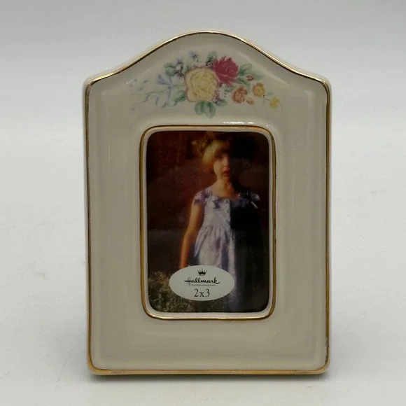 Hallmark Floral Ceramic Picture Frame Gold Trim 2x3 Tabletop Porcelain Cream