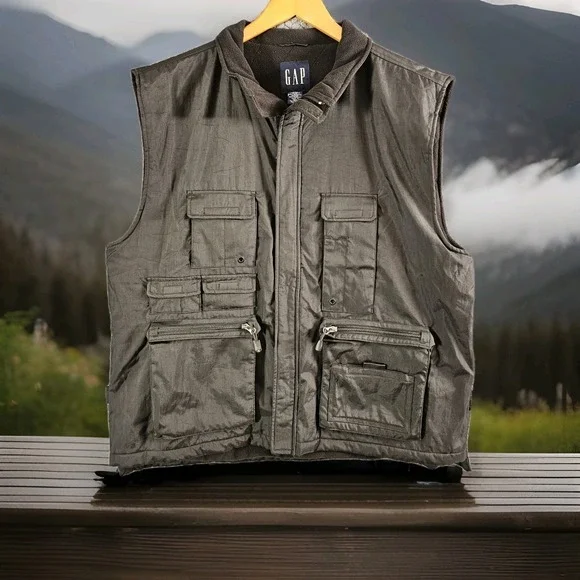 Vintage GAP Vest Mens XXL Black Fleece Lined‎ Utility Multi Pocket Full Zip