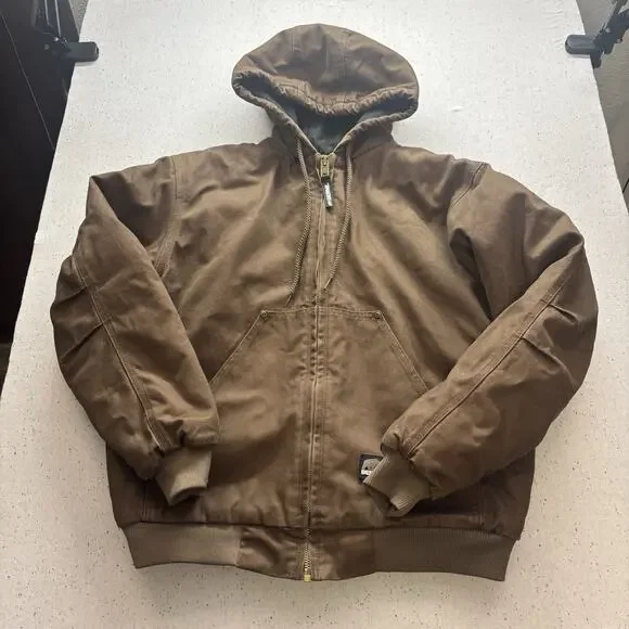 Berne Workwear Men's Large Brown Canvas Duck Hooded Jacket Quilt Lined Work Coat