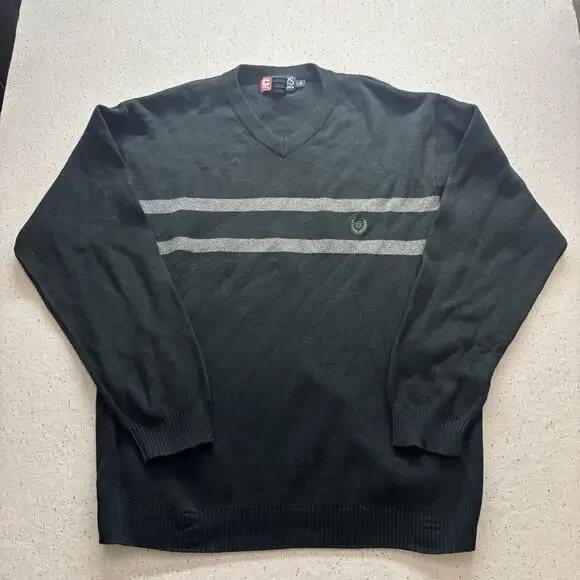 Chaps Ralph Lauren Mens Large V-Neck Sweater Black Grey Stripe Cottagecore