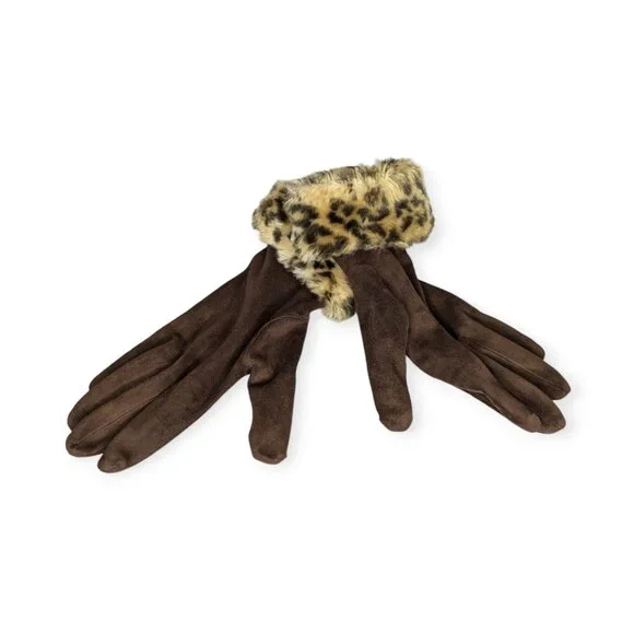 Women's Brown w/Faux Animal Fur Satin Lined Gloves One Size Fits Most