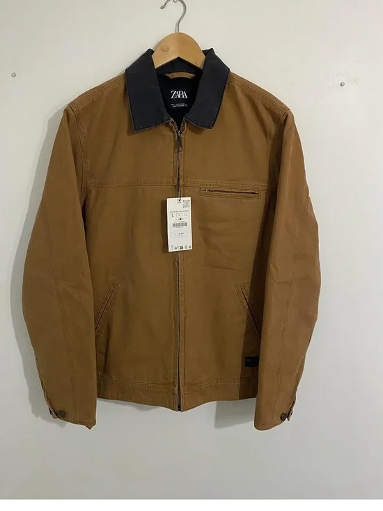 ZARA Tan Brown Cotton Field Jacket with Black Collar