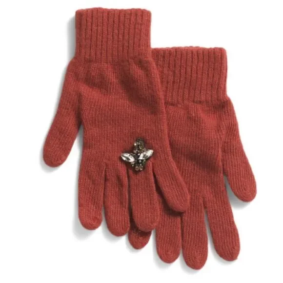 StilEstro Rust Cashmere Wool Blend Fine Knit Jeweled Ring Finger Detail Gloves