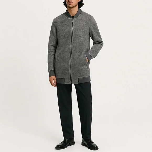 MNG Grey Knit Longline Bomber Jacket Coat M Felted Fabric