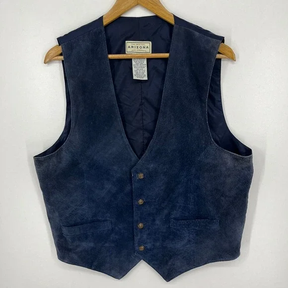 Arizona Jean Company Mens Blue Suede Leather Vest Cinch Back Medium
