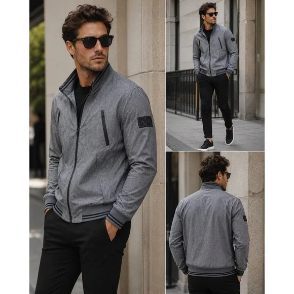 Armani Exchange Bomber Jacket Mens Medium Grey Excellent Full Zip Logo Patch