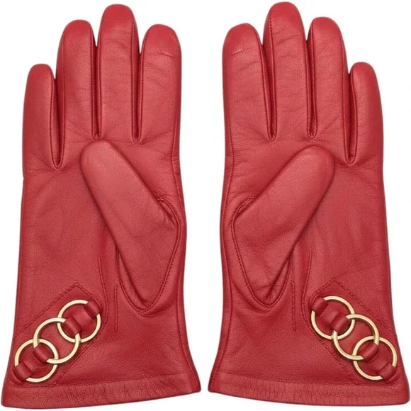 Vintage‎ Women's Lazarus Red Leather Gloves Size 6.5  Made In Italy Gold Accents