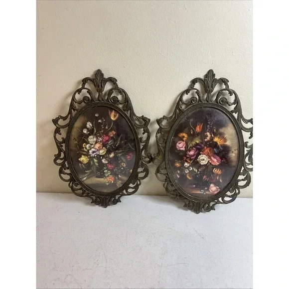Pair Vintage Oval Metal Ornate Frame Floral Pictured Bubble Glass Made in Italy