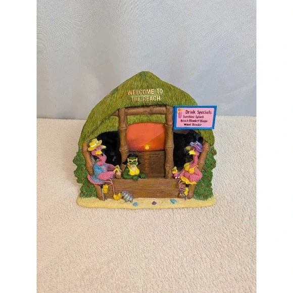 Tropical Flamingo‎ & Frog Tiki Hut Beach Scene Picture Frame Desk Decor