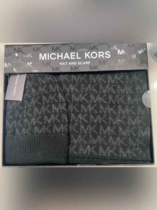 Michael Kors Black & Gray MK Logo Hat and Scarf Gift Set