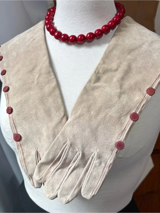 Vintage-look Long Cream Suede Gloves with Dark Red Button Detail