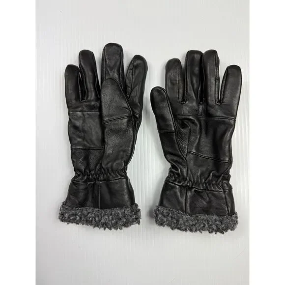 Black Leather Gloves with‎ Plush Gray Fleece Lining Cold Weather size M