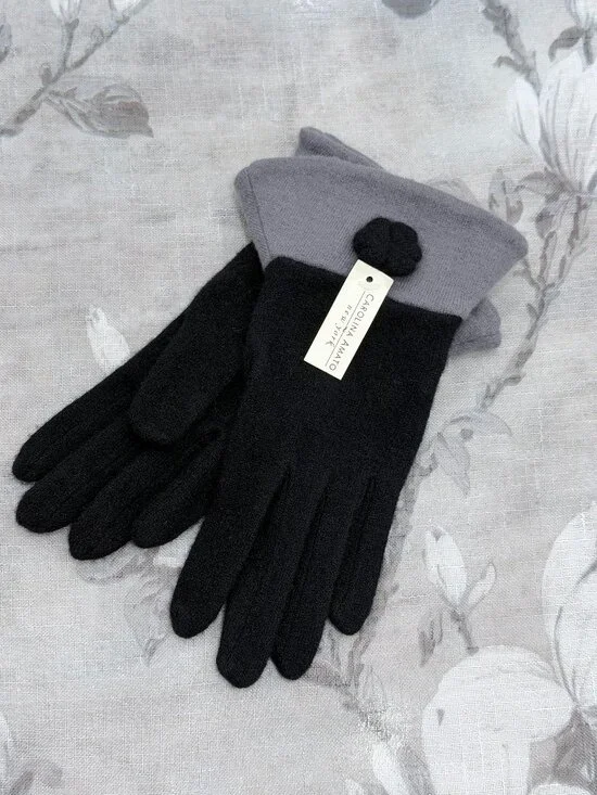 Carolina Amato NWT Cashmere Wool Gloves Black Gray Knit Winter One Size